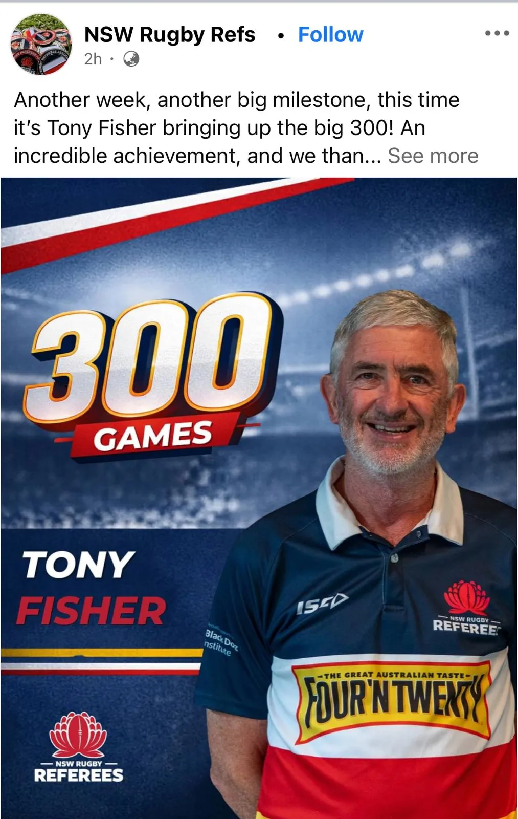 NSW Rugby Referees graphic celebrating Tony Fisher's 300 games